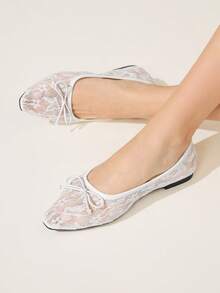 CUCCOO HITCHD 2025 Spring Autumn New Wedding Style Bowknot Decor Solid Color Pointy Toe Mesh Breathable Comfortable Versatile Casual Flat Shoes