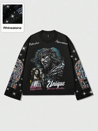 Street Life Sweat-shirt-shirt décontracté ample à col rond avec imprimé gothique de Jésus et décoration de strass pour homme, pour l'automne