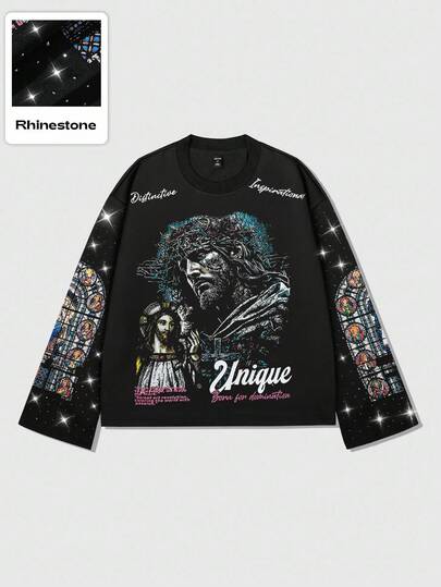 Street Life Felpa casual ampia da uomo con grafica gotica di Gesù, decorata con strass, collo a giro, adatta per l'autunno