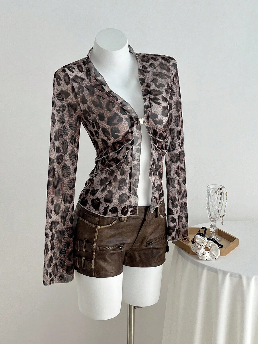 SHEIN Unity Áo kiểu nữ thời trang họa tiết da báo dệt kim lưới mỏng tay dài viền bèo nhún móc kim loại trang trí công sở/thường ngày - Nhiều màu - Xem 1