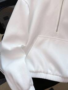 SHEIN 少女纯白色落肩拉链半开襟短款卫衣，适合秋冬季节，休闲日常穿着，赛车风格卫衣，白色拉链立领卫衣，时尚拼接卫衣 - 白色 - 查看 5