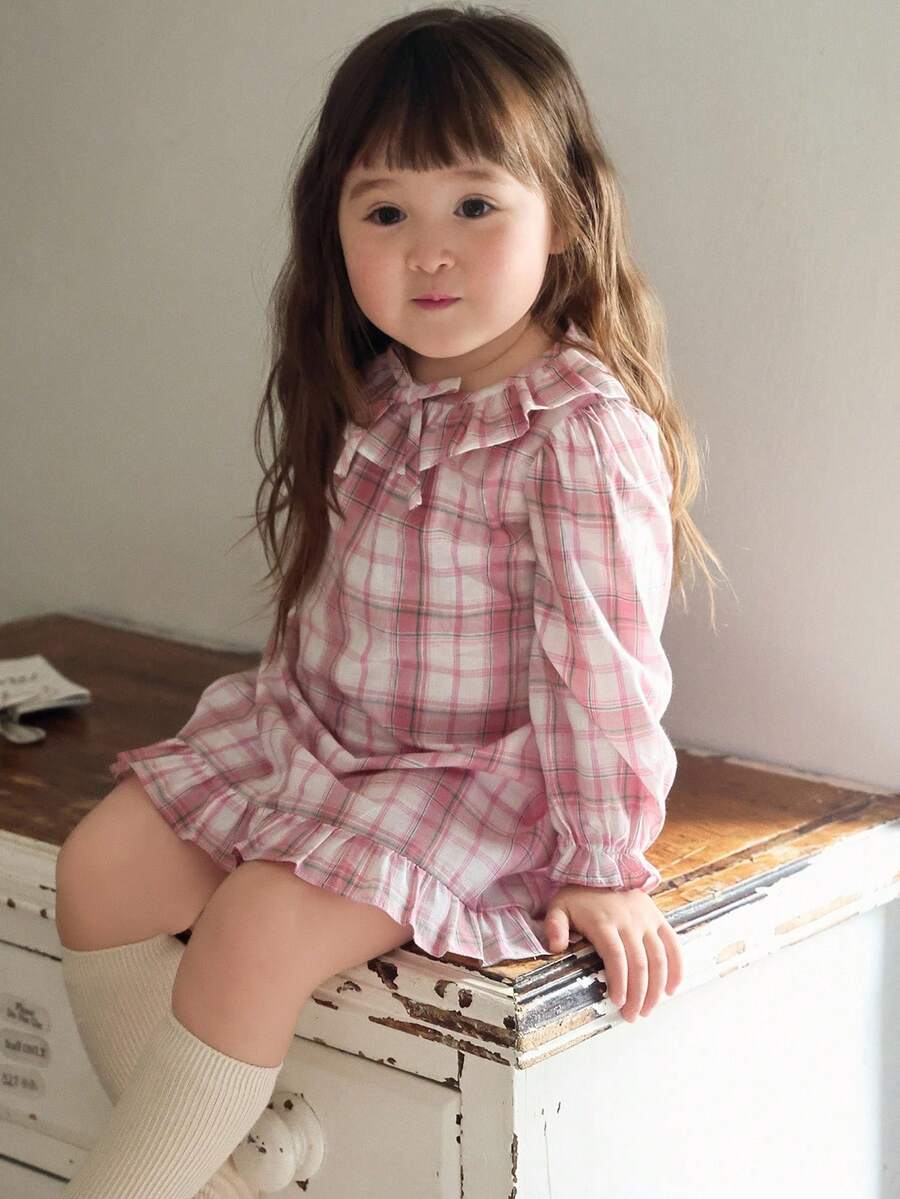 DAZY 女嬰韓式圓領荷葉領短袖舒適格紋睡衣幼兒 - 淺粉色 - 查看 1