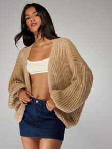 MISSGUIDED Oversized Chunky Knit Cardigan Fall Winter Long Sleeve Open Front Sweater Balloon Sleeve Cozy Casual Lounge Wear - Khaki - View 5