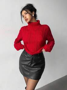 Elenzga Women's Elegant Turtleneck Christmas Red Twist Rib Knit Long Sleeve Sweater, Autumn/Winter - Red - View 3