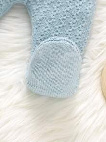 SHEIN Newborn Baby Autumn Contrast Color Lapel Long Sleeve Single-Breasted Knitted Jumpsuit Boy Light Blue Sweater Romper Fall Knit Outfit Kawaii - Baby Blue - View 5