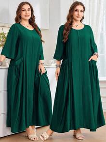Al Najma 女式宽松圆领七分袖连衣裙，配有大口袋，舒适的亚麻外观，适合日常休闲穿着，加大码 - 綠色 - 查看 3