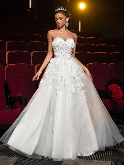 Glamrae Elegant Lyxig 3D Blommig Spets Patchwork Chiffong Utsvängda Ärmar Sexig Bandeau Maxiklänning, Lämplig För Bröllop, Fest, Semester, Bal, Smekmånad, Brudklänning