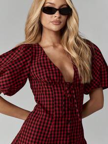MISSGUIDED Summer Gingham Mini Dress Button Down Empire Waist Puff Sleeve Tie Front Bow Back A Line Retro Style Christmas - Red and Black - View 5