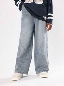 SUMWON Cotton Wide Leg Denim Jeans Baggy Aesthetic Y2K Skater Style Wave Seam Detailing Retro Streetwear Fall Winter Bottoms With Drawstring Waist - Baby Blue - View 4