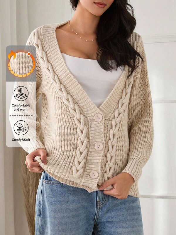 SHEIN Tall Cardigan mărime mare cu nasturi decorativi, design cu legături laterale, tricotat cu cabluri, nasturi cu romburi