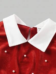 女童春秋休闲装，红色蝴蝶结装饰针织天鹅绒拼布衬衫，荷叶边下摆，搭配仿珍珠喇叭裤，2 件套，适合返校、休闲、时尚、甜美、舒适的户外/旅行穿着