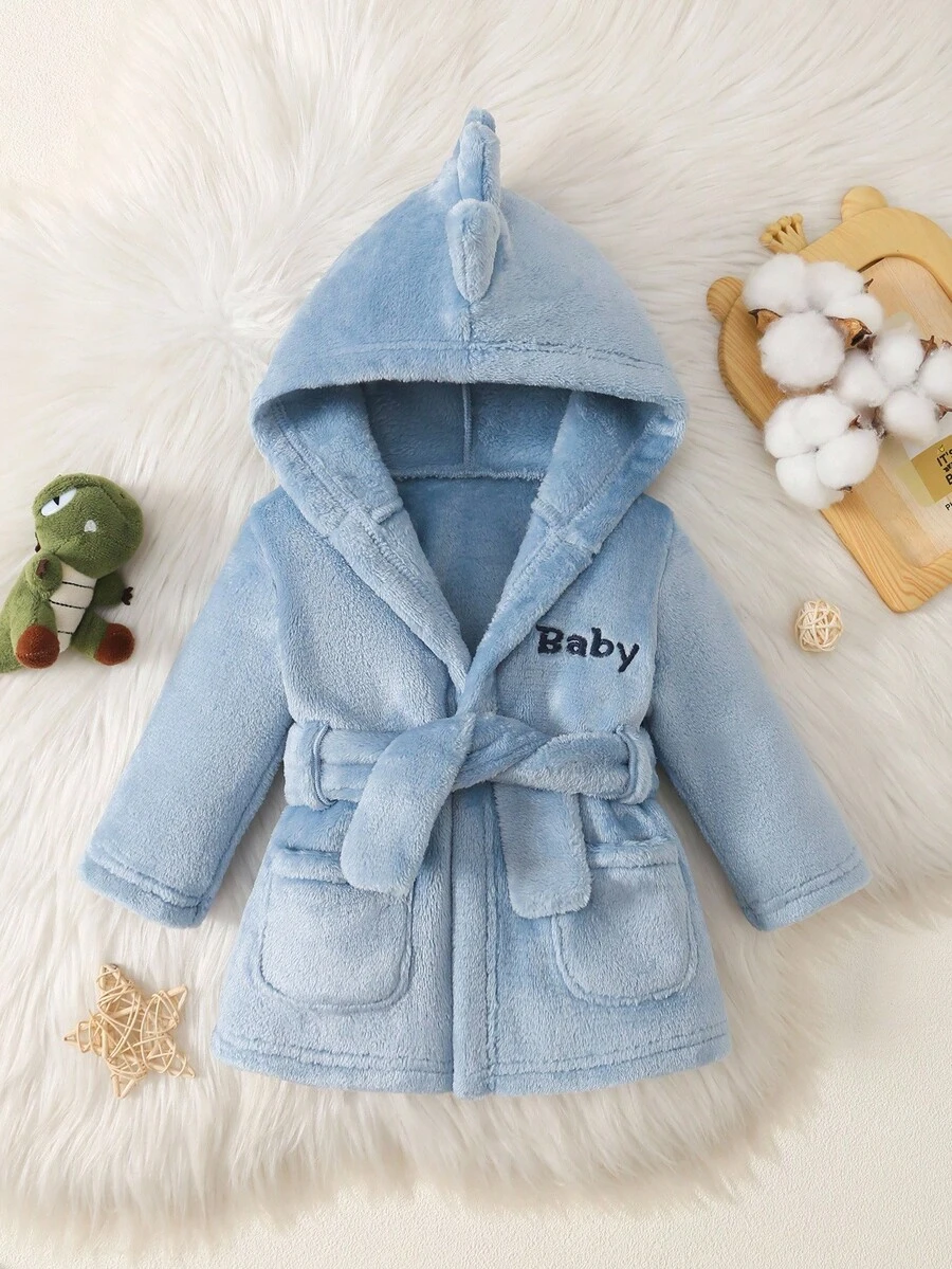 Áo choàng hở phía trước bằng vải nỉ dệt kim dễ thương cho trẻ sơ sinh, màu trơn, có mũ trùm đầu, có tai 3D, tay dài, mặt trước thêu chữ 2 bên, 2 túi, có thắt lưng, đồ mặc nhà mềm mại và thoải mái - Màu xanh lam - Xem 1