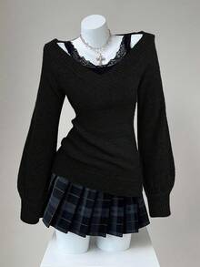 Sunspun Retro Fitted Deep V-Neck Stylish Sweater, Autumn/Winter - Black - View 5