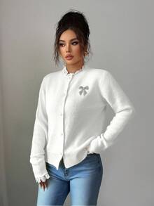 Elenzga Áo khoác cardigan nữ thanh lịch phối ren hoa, thích hợp mùa thu/đông, có cúc và nơ đính đá, kiểu dáng dễ thương, phù hợp dự tiệc, phối màu trắng, Giáng sinh và năm mới. - trắng - Xem 6