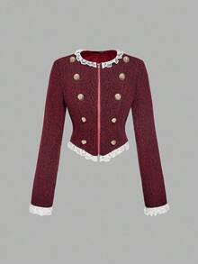 SHEIN MOD Women's Burgundy Double-Breasted Lace Vintage Cropped Jacket In Fall/Winter