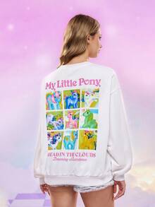 My Little Pony X SHEIN 字母与卡通图案圆领长袖套头衫 - 白色 - 查看 4