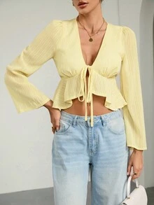 SHEIN Tall 度假休闲纯色 V 领、喇叭袖、喇叭下摆衬衫 - 黃色 - 查看 6