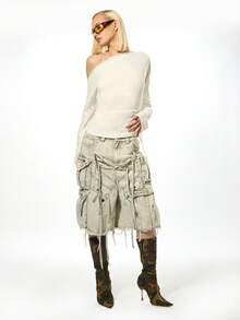 SUMWON WOMEN 棉质破洞牛仔工装裤，系带细节，军装作战宽腿宽松百慕大短裤，节日夏秋季 - 灰色 - 查看 3