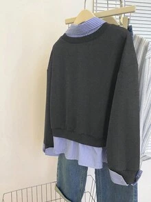 INAWLY 女式休闲条纹拼布标语刺绣运动衫，秋季 - 深灰色 - 查看 2