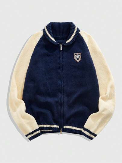 Street Life Men's Contrast Color Number Prep Pattern Raglan Sleeve Casual Knit Cardigan, Autumn/Winter