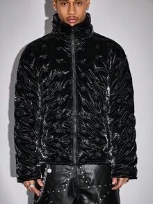 ROMWE MEN Street Life Men's Fashionable Textured Rhinestone Decor Winter Jacket - Black - View 6