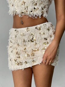 Aloruh Women's Fall/Winter Elegant Sexy Low Waist Sequin & Faux Fur Mini Skirt,Party,Club,Feather Mini Skirt Top,Sequin Skirt,Party Skirt ,Party Outfit,Thanksgiving Outfit For Women