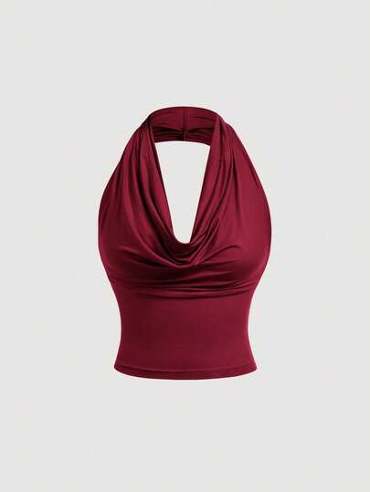 SHEIN MOD Blusa de cuello halter de unicolor y versátil para mujer, de verano