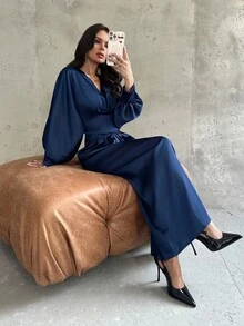 Firerie 女士优雅精致浪漫约会日常返校时尚派对/舞会礼服 V 领垂坠收腰蝙蝠袖 3/4 袖海军蓝长裙 - 藏蓝色 - 查看 10