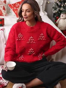 Louniche Women Crew Neck Long Sleeve Faux Pearl Decor Casual Pullover Sweater - Red - View 4