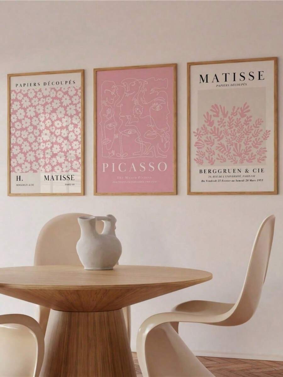 Zestaw 3 różowych plakatów ściennych inspirowanych Matisse'em i Picasso – abstrakcyjne plakaty z targu kwiatowego, wydruki na płótnie do salonu, sypialni, jadalni (bez ramek), prezenty, urodziny, ukończenie szkoły, wystrój kuchni - Różowy - Zobacz 1