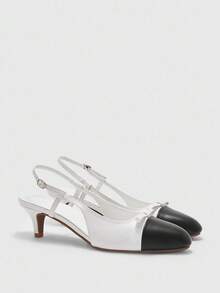 CUCCOO BIZCHIC Sapatos de salto alto femininos, pretos e brancos, elegantes, novos, com laço, patchwork, costas nuas, leves, para uso diário - Branco - Ver 6