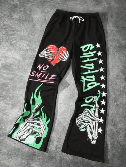 Street Life Pantalones de chándal casuales con cintura con cordón, estampado de letras y calavera, con efecto de volumen en la Bottom para hombres