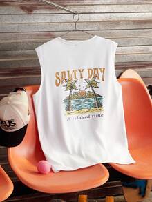 Open Phase STONE DISTRICT 男士休闲无袖背心，热带植物标语印花，适合春夏穿着 - 白色 - 查看 3