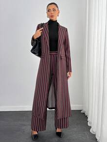 SHEIN 2pcs Women's Striped Regular-Shoulder Long Sleeve Fashionable Long Overcoat & Pants Set - Red - View 1