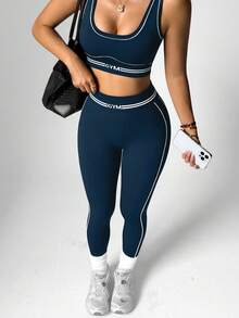 Dewbera 2件套女士运动胸罩和紧身裤套装 - 藏蓝色 - 查看 5