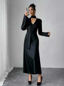 Modelyn Women's Casual Elegant Chic Commute Minimalist High-End Satin Twill Glossy Scarf Tie Waist Fitted Long Dress, Black, Autumn/Winter