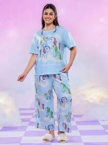 My Little Pony X SHEIN Plus Size Summer Cute Horse Print Round Neck Short Sleeve T-Shirt And Pants Pajama Set
