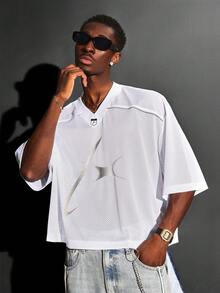 SUMWON V 领 Airtex 网眼运动衫超大夏季运动衫短袖街头运动 T 恤休闲都市休闲 - 白色 - 查看 2