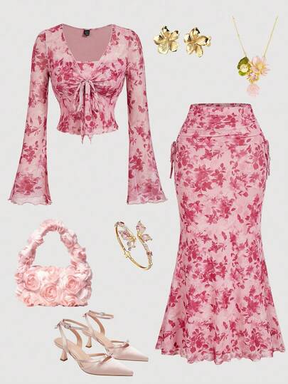 SHEIN MOD 2 piezas Conjunto de top de manga larga casual y falda ajustada para mujer, ropa de otoño, conjunto elegante para salir