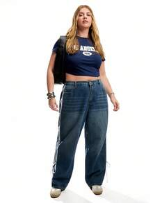 Solavibe 大码女式夏季至初秋休闲运动 T 恤，纯色，腰部褶饰，圆领，短袖，百搭基本款 T 恤 - 藏蓝色 - 查看 3