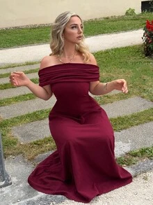 Jeta Ari 女士优雅简约精致浪漫时尚派对度假通勤露肩高腰 A 字长裙，灰色长裙 - 酒紅色 - 查看 4