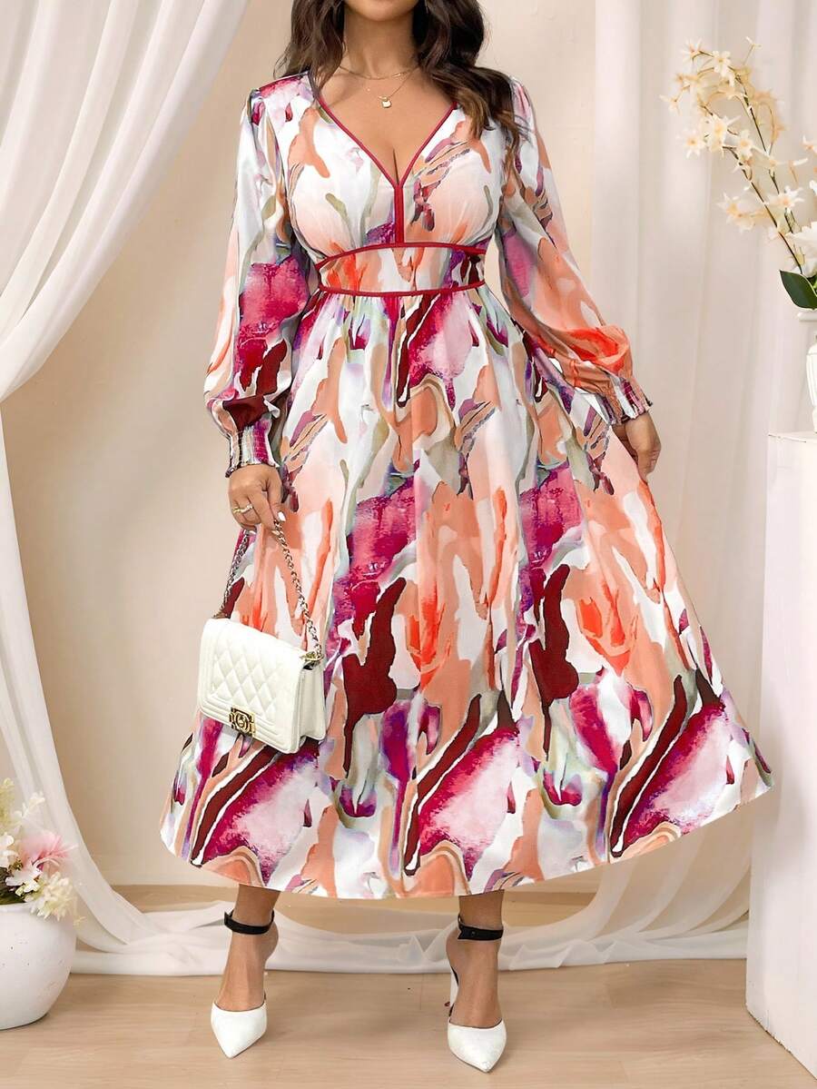 SHEIN Clasi Plus Allover Print Lantern Sleeve Dress For Dailywear Maxi Women Outfit Fall Cloth For Women