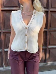 Jeta Ari Colete de malha casual com decote em V e abotoamento simples feminino de cor sólida - Bege - Ver 3