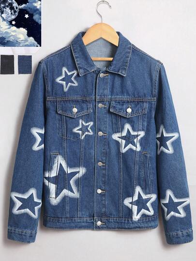 Manfinity Hypemode جاكيت جينز رجالية فضفاضة مغسولة باللون الأسود مزينة برسومات نجوم وغرافيتي