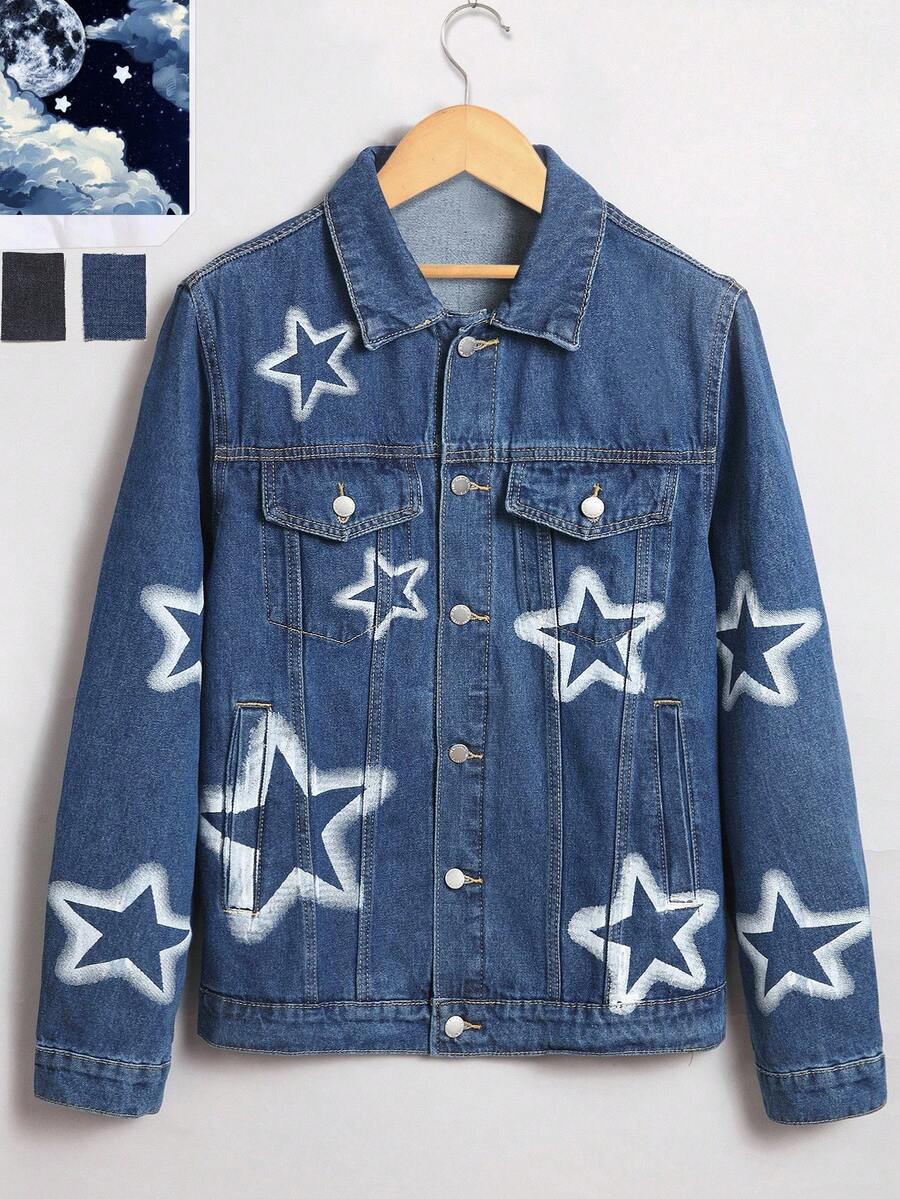 Manfinity Hypemode Svart tvättad denimjacka med stjärnmönster och graffiti i lös passform för män - Mediumtvätt - Visa 1