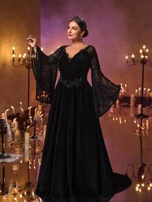 Glamrae Große Größen Herbst und Winter elegantes romantisches luxuriöses Off-Shoulder Spitzen-Splicing koreanisches Samt-Spitzen-Applikations-Design asymmetrisches Rüschen-Trompeten-Langarm-Slim-V-Taille-Abschnitt Oversized A-Linie Plus-Schwanz geeignet für Abendessen, Junggesellinnenabschied, Date, Tanz, Urlaub, Hochzeit, Abendveranstaltung (schweres Modell) Gothic-Stil