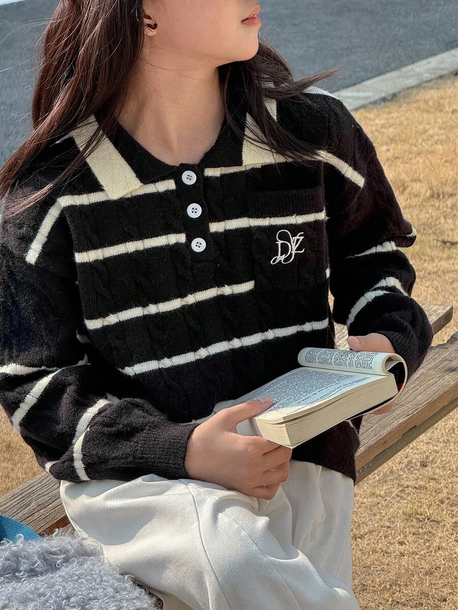 DAZY Tween Girls Turtleneck Striped Sweater, Fall - Black - View 1