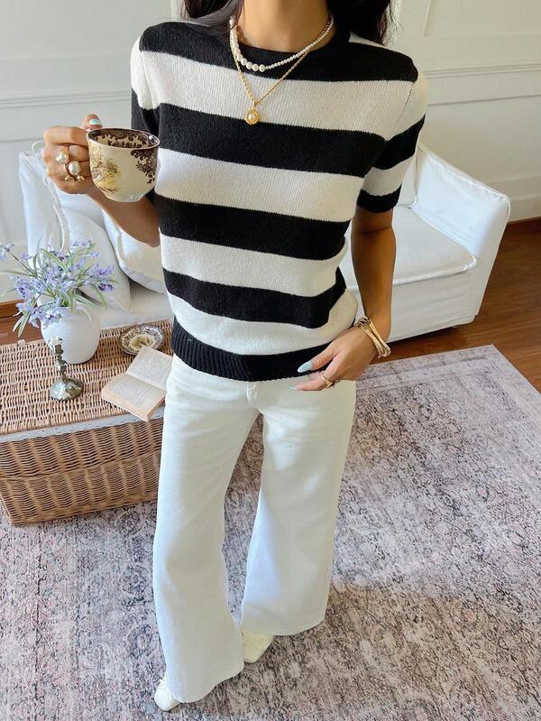 Serisse Women's Contrast Stripe Round Neck Short Sleeve Casual Knit Sweater Top, Stripe Top, Striped Short-Sleeve Sweater,Preppy Tops, Nautical Outfits For Women,Back-Tie Bow Short-Sleeve Sweater,Black And White Striped Sweater Top,Casual Knit Top,White And Black Top, Chic Top,Autumn Clothes For Women,Women's Winter Sweater Vest,Warm Sweater Vest,French Style Clothes, Christmas Sweater Vest,New Year Outfit,Casual Outfit For Women,Vintage, Minimalist, Commuter, Office, Perfect For Everyday Wear