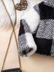 SHEIN Babygirl 毛绒格子夹克、针织上衣和裤子三件套，秋冬 - 黑與白 - 查看 4