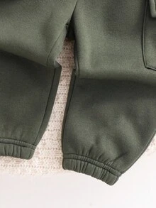 SHEIN 2pcs/Set Baby Boy/Girl Casual Sports Letter Graphic Pocket Hoodie & Elastic Waist Pants Set, Suitable For Autumn/Winter Baby Boy Winter Sets Baby Casual Sets - Army Green - View 6